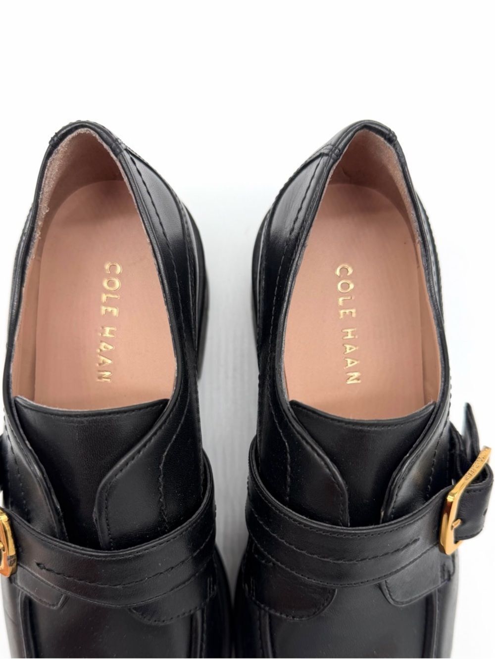 Cole Haan Black Leather Carlitta Monk Strap Loafer with Gold Buckle - Picture 6 of 8